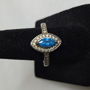 Silver Tone Ring with Rhinestone Encircled Blue Stone, Size 8